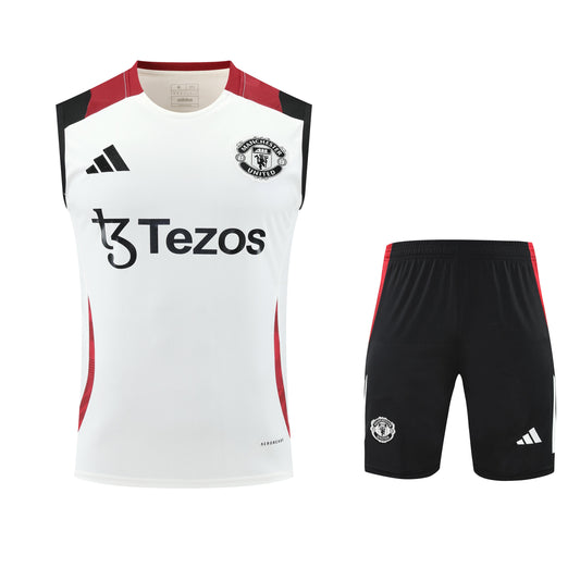 Manchester United White/Black Training Tank Top + Shorts Kit 25/26