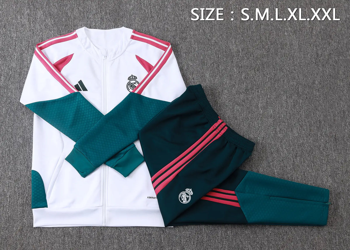 Tuta Full-zip Real Madrid 26/27 Uomo Bianco e Verde Petrolio | Tuta da Calcio - CalcioVivo