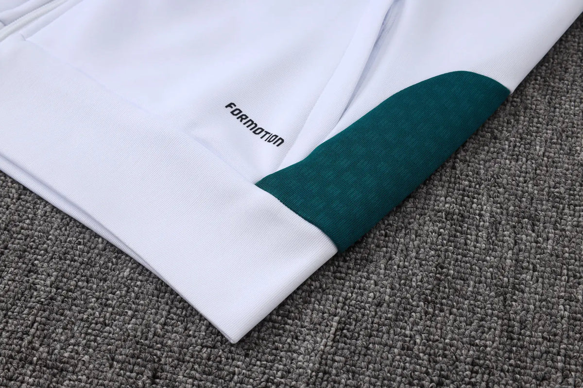 Tuta Full-zip Real Madrid 26/27 Uomo Bianco e Verde Petrolio | Tuta da Calcio - CalcioVivo